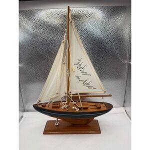 Vintage Wooden Sailboat Model Boat w/ Inscription Nautical Decor